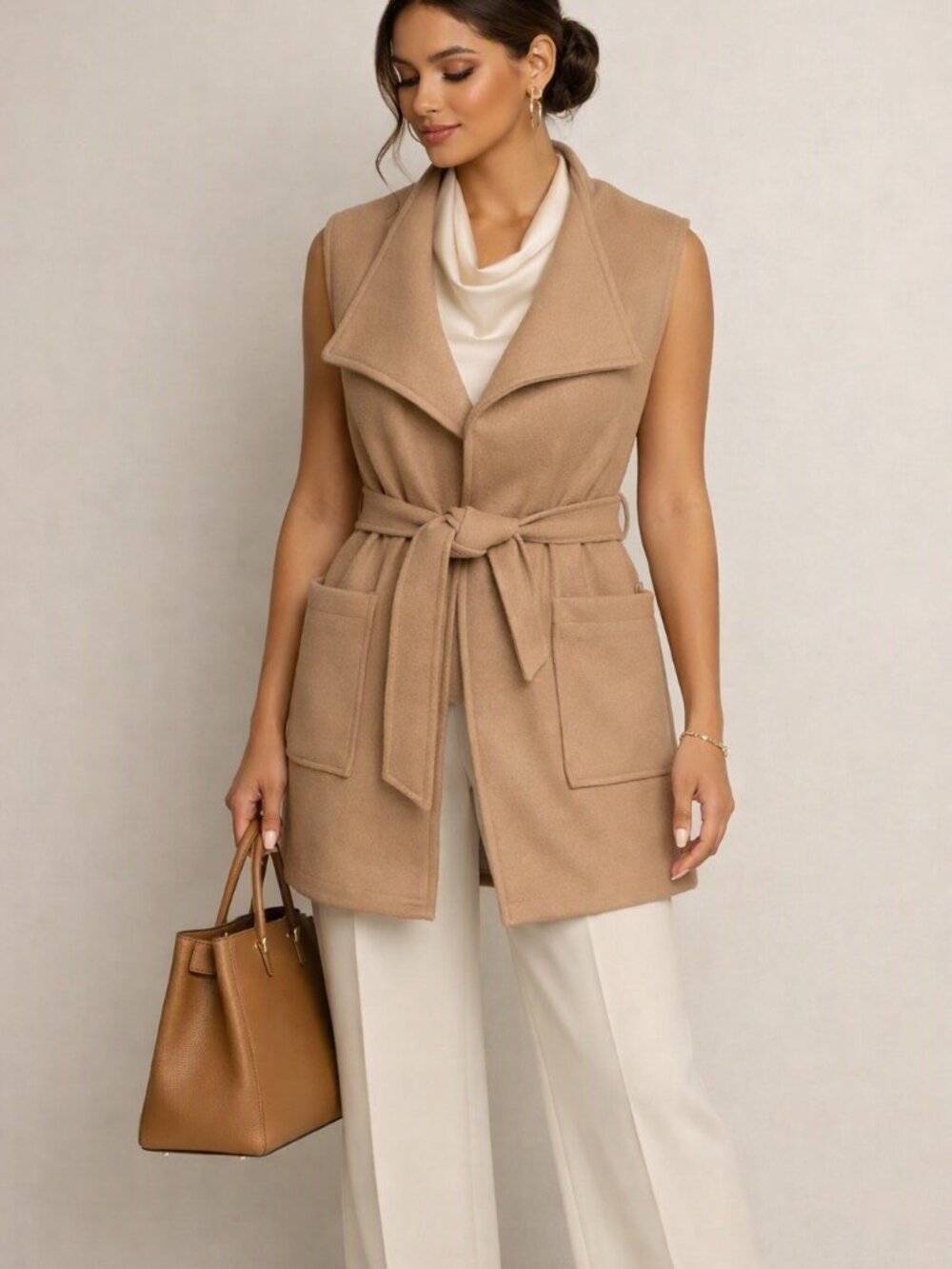 Shein  Sleeveless Longer Length Jacket Blazer Vest   Camel Color Size M